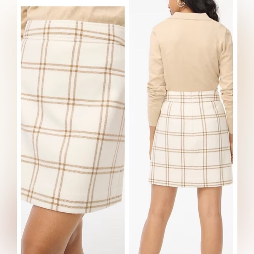 NWT J Crew Plaid Wool Blend A Line Mini Skirt Ivory Camel Tan